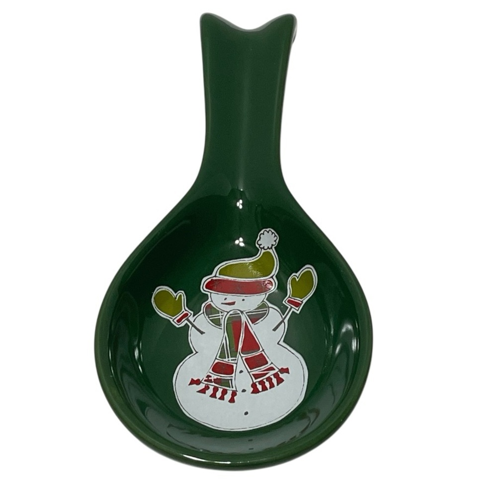 Snowman Spoon Rest 100% Stoneware Festive Winter Christmas Holiday Green
